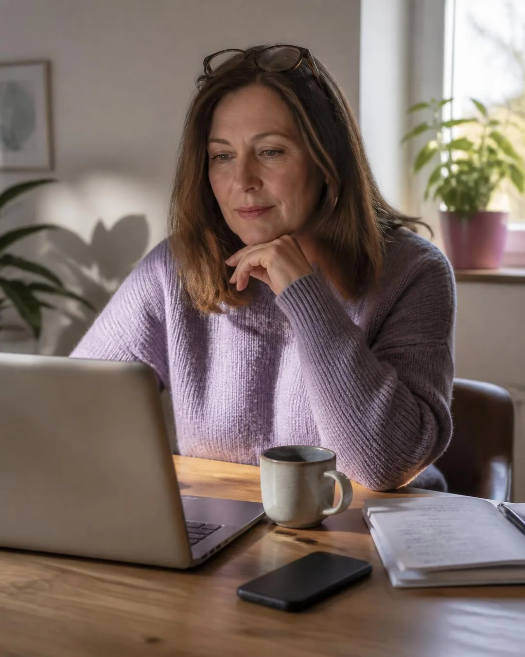 Eine Frau um die fünfzig im lila Pullover sitzt morgens mit Kaffee am Schreibtisch und schaut nachdenklich auf ihren Laptop