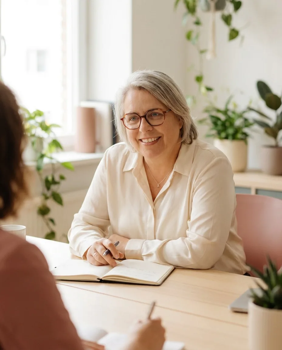 Kirsten Biema at a meeting table, listening to a client