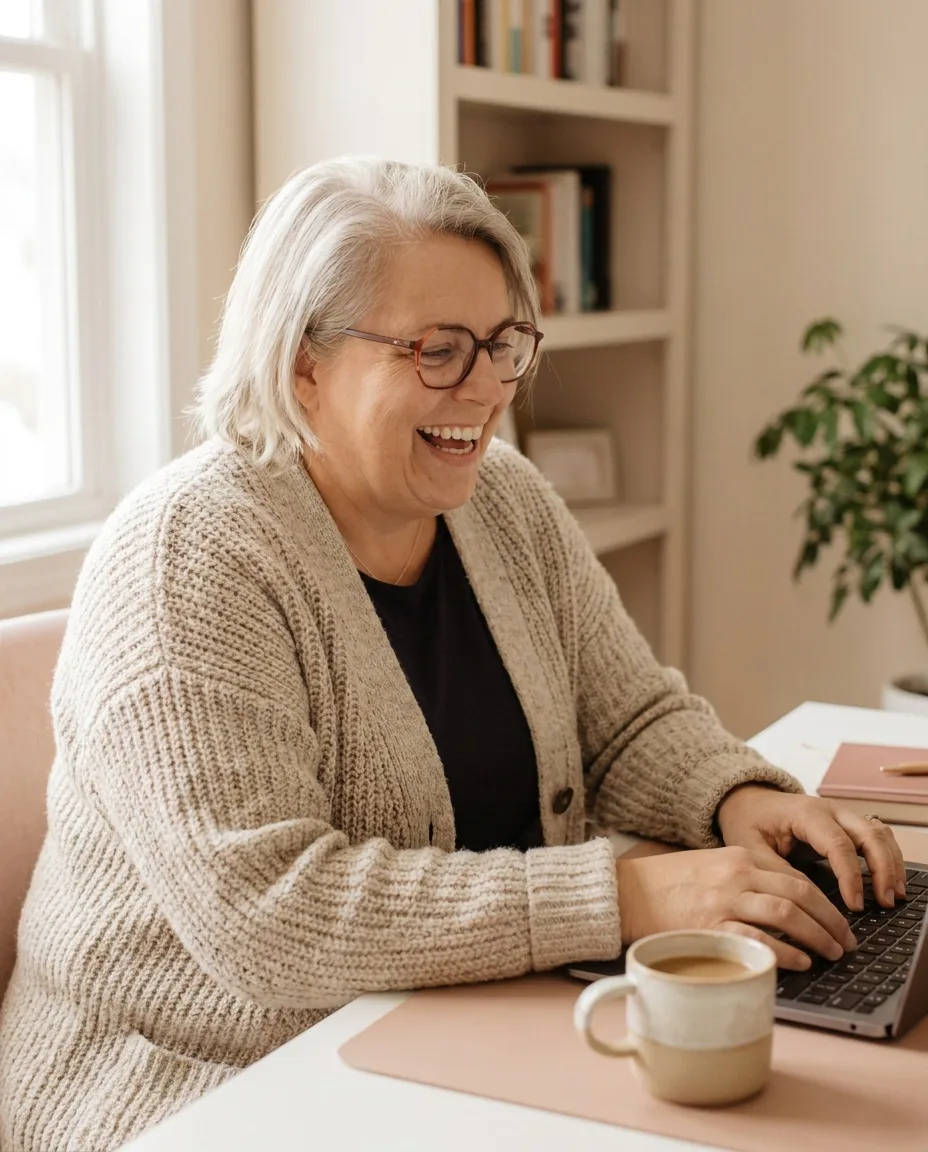 Kirsten Biema lacht am Laptop im Homeoffice