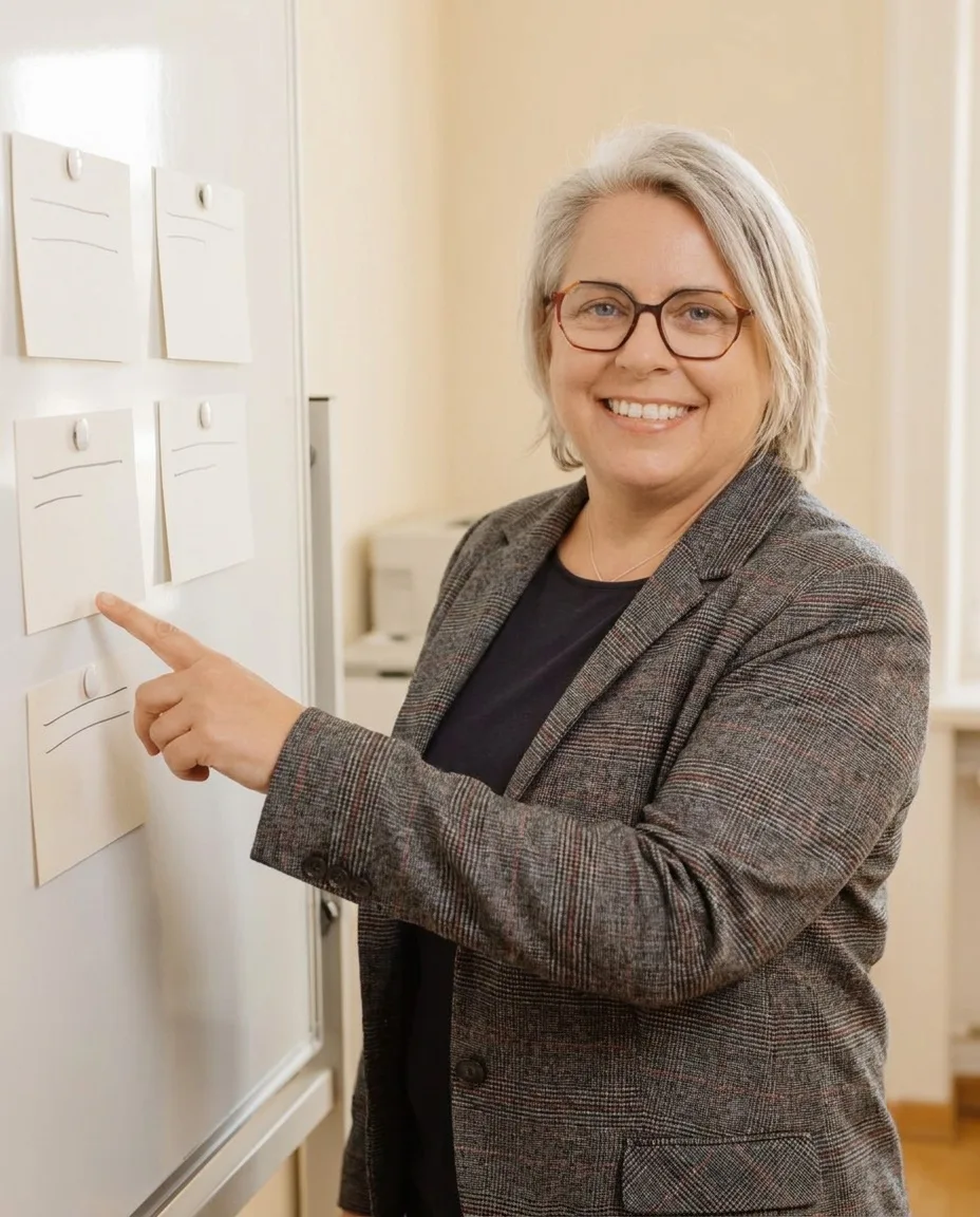Kirsten Biema pointing at three cards on a whiteboard