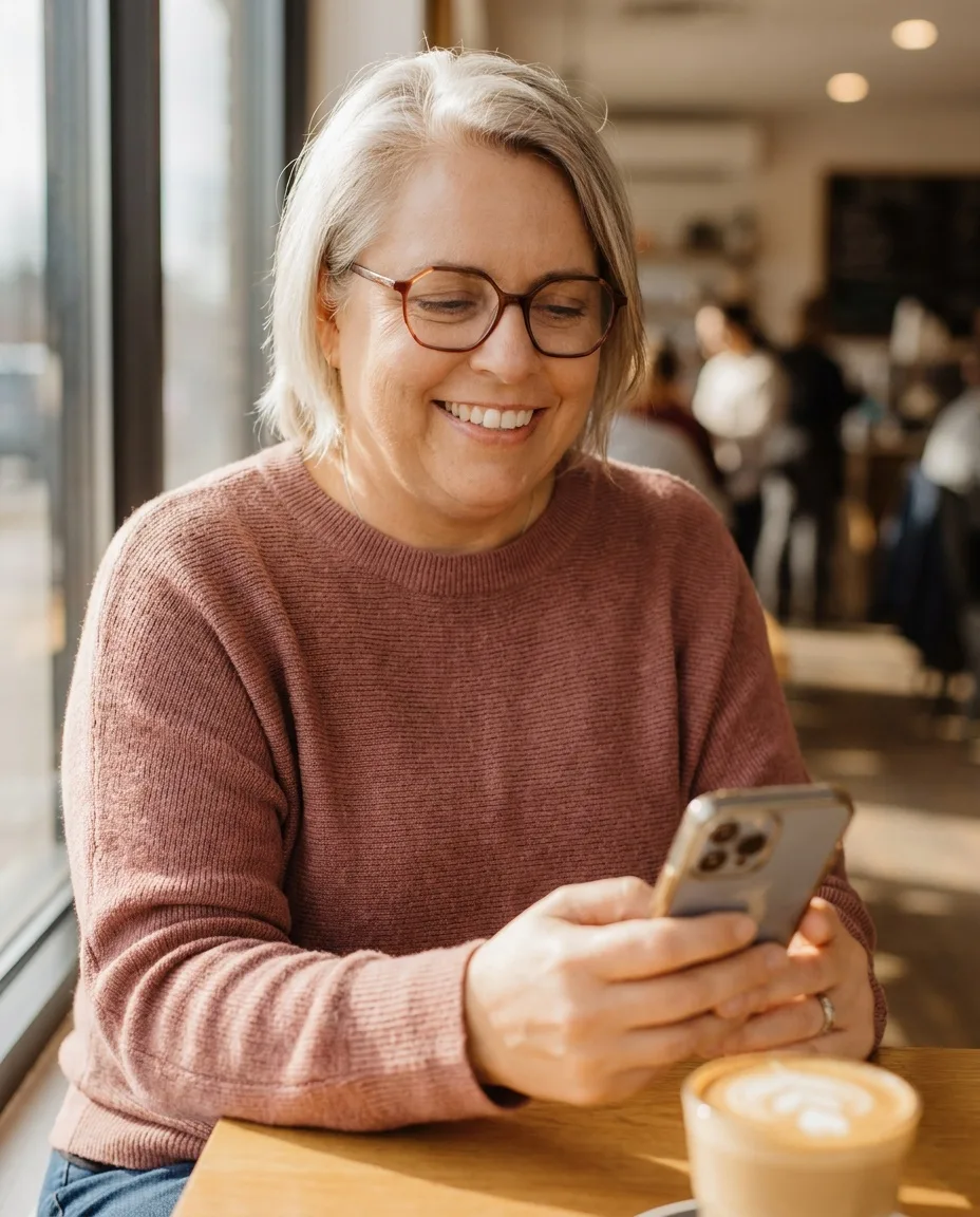 Kirsten Biema in a café, looking at her phone with a satisfied smile