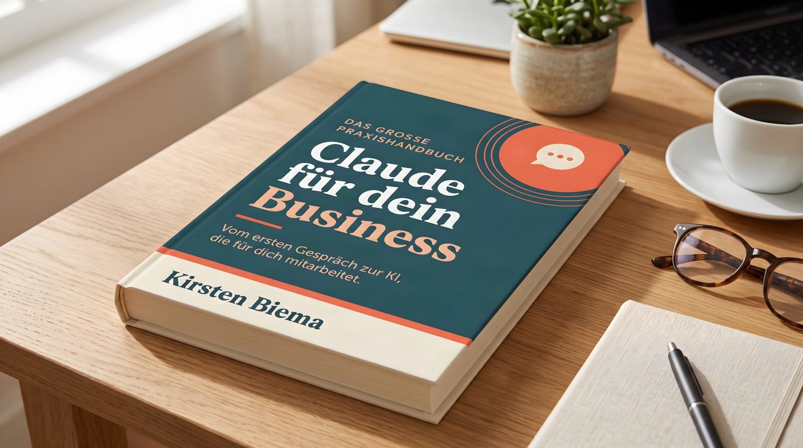 Das gedruckte Buch „Claude für dein Business“ auf einem Holzschreibtisch neben Kaffeetasse, Lesebrille und Pflanze.