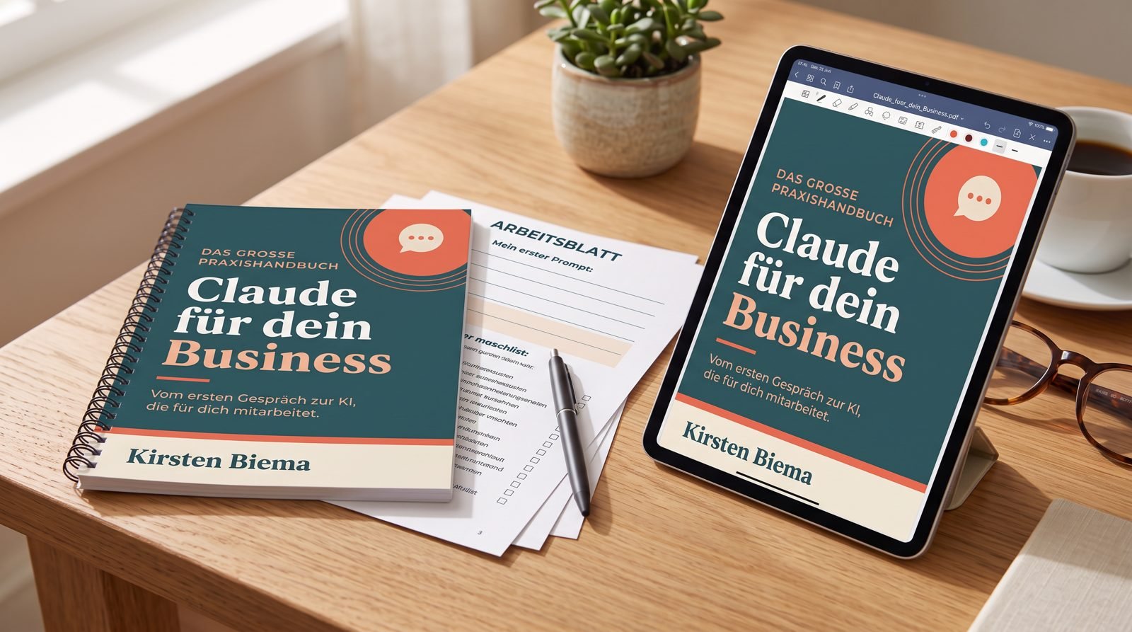 Das Arbeitsbuch „Claude für dein Business“ als Ausdruck mit Arbeitsblättern und als PDF auf einem Tablet, auf einem hellen Holzschreibtisch.